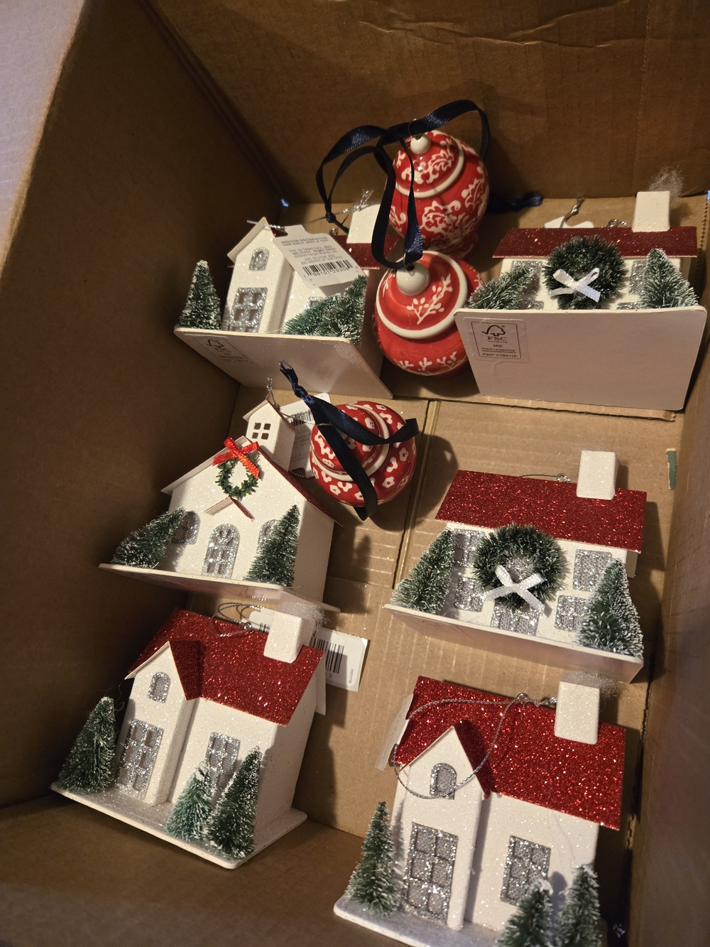 SaLE 6-Glittered House Red Roof Christmas + 3 Jardinere  Ceramic Ornaments